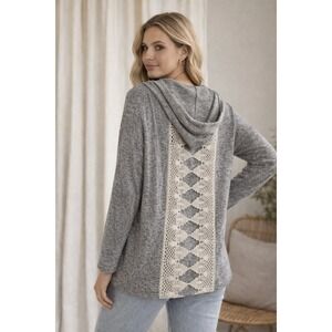 Tea n Rose‎ Hooded Knit Top Crochet Lace Back Gray Boho Hoodie Oversized